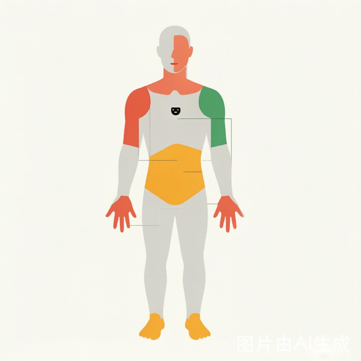 Body silhouette with tattoo placement zones color-coded from red (high regret) on hands, fingers, face and neck to green (low regret) on upper arm and shoulder